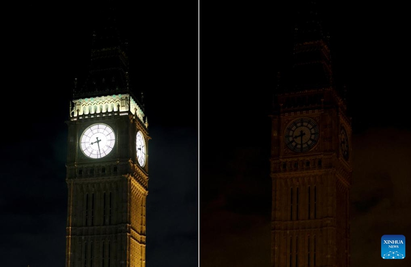 This combo photo taken on March 22, 2025 shows the Big Ben before (L) and during the Earth Hour event in London, Britain. Photo: Xinhua