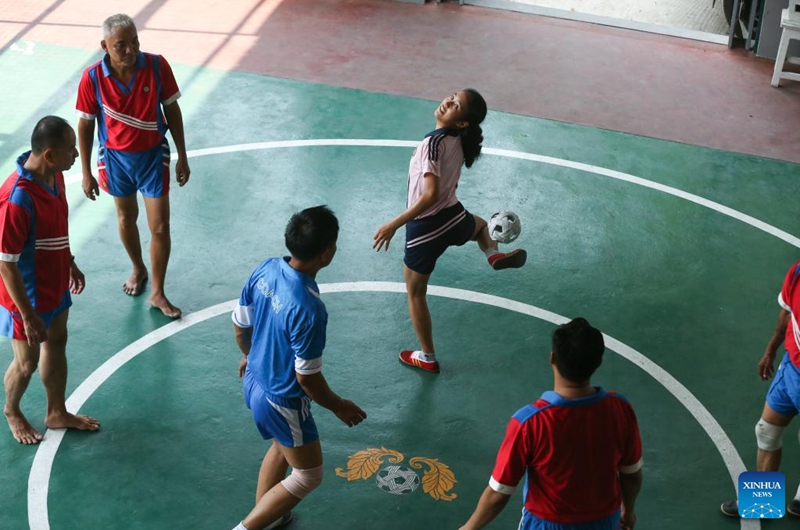 People play Chinlone (caneball) at an indoor stadium in Yangon, Myanmar, March 22, 2025. Photo: Xinhua