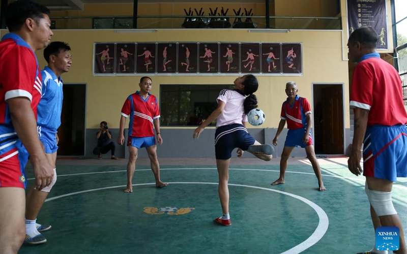 People play Chinlone (caneball) at an indoor stadium in Yangon, Myanmar, March 22, 2025. Photo: Xinhua