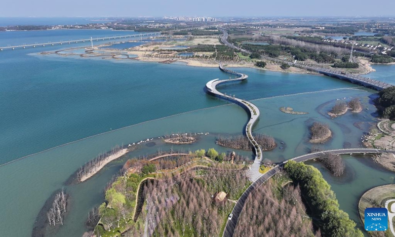 An aerial drone photo taken on March 17, 2025 shows a bridge on Yuandang Lake linking Wujiang District of Suzhou City in east China's Jiangsu Province and Qingpu District of east China's Shanghai. Through joint protection and governance, the lake has now become a tourist attraction. (Photo: Xinhua)