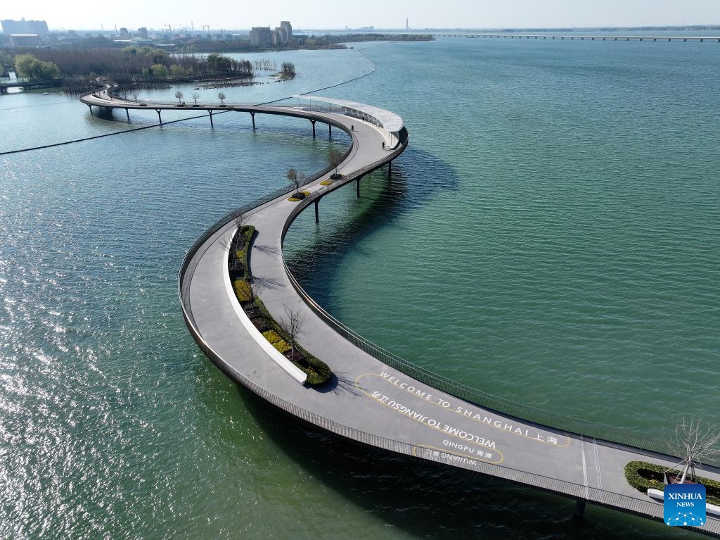 An aerial drone photo taken on March 17, 2025 shows a bridge on Yuandang Lake linking Wujiang District of Suzhou City in east China's Jiangsu Province and Qingpu District of east China's Shanghai. Through joint protection and governance, the lake has now become a tourist attraction. (Photo: Xinhua)