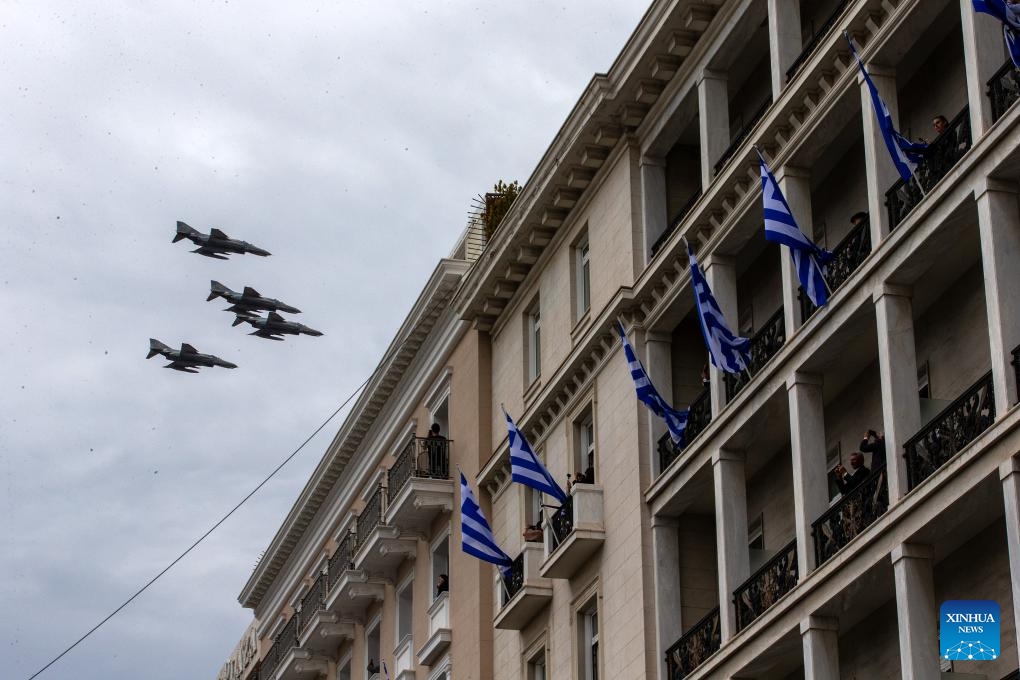 Fighter jets fly during a military parade commemorating the Greek Independence Day in Athens, Greece, on March 25, 2025. Greece commemorated its Independence Day with a military parade in Athens on Tuesday. (Photo: Xinhua)