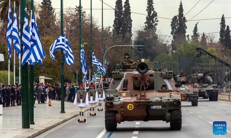 Military vehicles are seen during a military parade commemorating the Greek Independence Day in Athens, Greece, on March 25, 2025. Greece commemorated its Independence Day with a military parade in Athens on Tuesday. (Photo: Xinhua)