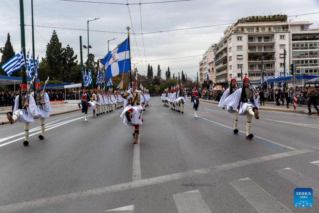 Members of Greece's Presidential Guard march during a military parade commemorating the Greek Independence Day in Athens, Greece, on March 25, 2025. Greece commemorated its Independence Day with a military parade in Athens on Tuesday. (Photo: Xinhua)