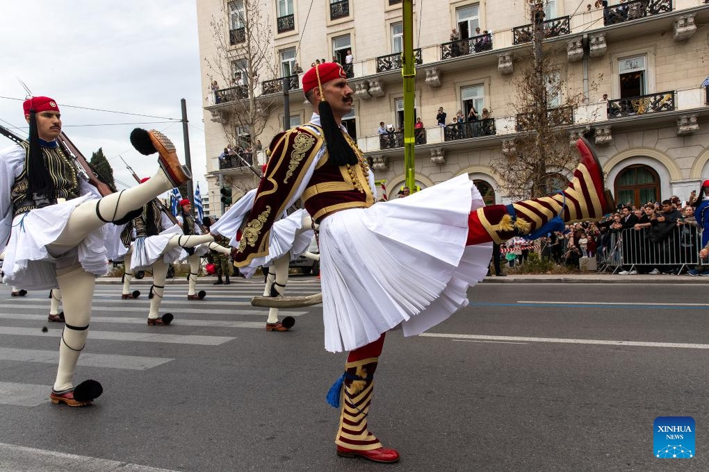 Members of Greece's Presidential Guard march during a military parade commemorating the Greek Independence Day in Athens, Greece, on March 25, 2025. Greece commemorated its Independence Day with a military parade in Athens on Tuesday. (Photo: Xinhua)