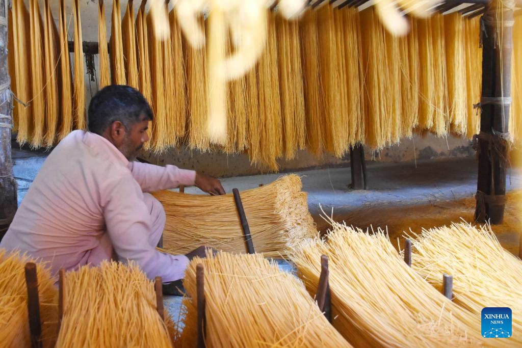A worker arranges vermicelli noodles at a factory in Lahore, Pakistan, March 25, 2025. The vermicelli noodle is popularly used for breaking fast during holy month of Ramadan in Pakistan. (Photo: Xinhua)