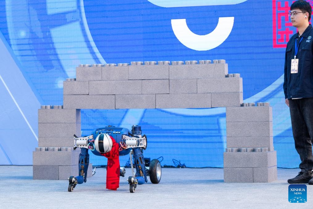 A humanoid robot demonstrates obstacle passing skills at a conference on promoting the rise of China's central region in Wuhan, central China's Hubei Province, Feb. 5, 2025. In recent years, Hubei Province has strengthened the introduction and training of scientific and technological innovation subjects and promoted the development of humanoid robot industry. (Photo: Xinhua)