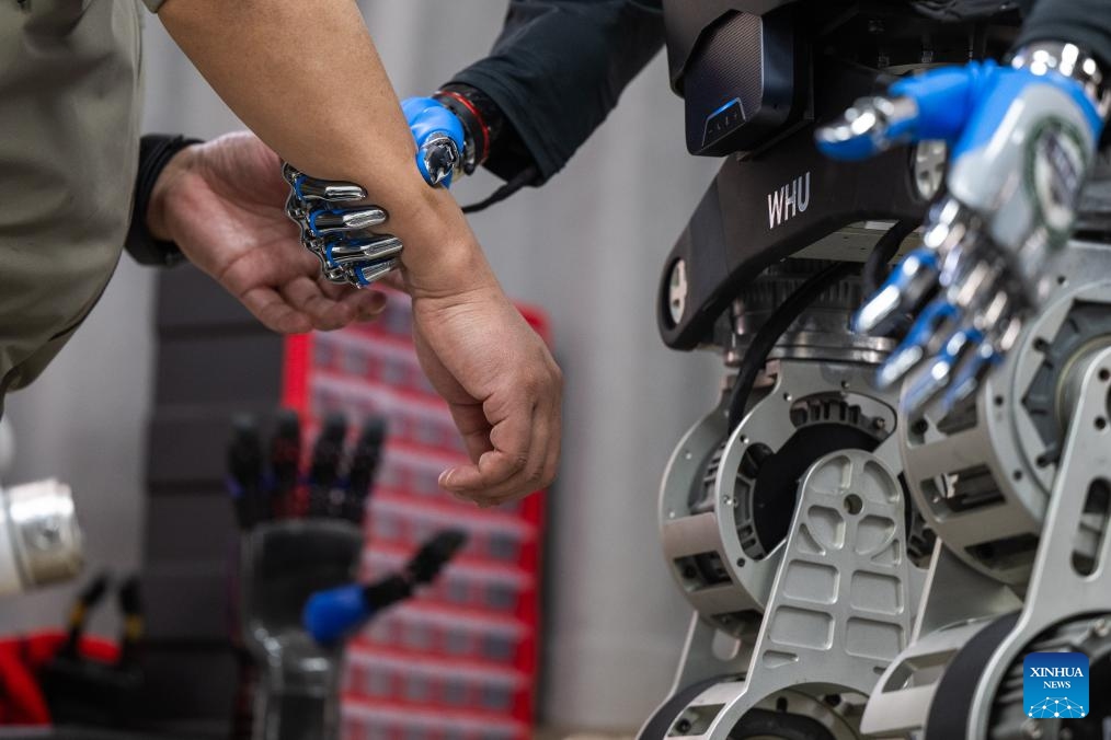 A R&D team member debugs a humanoid robot at the Learning Algorithms & Soft Manipulation Lab of Wuhan University in Wuhan, central China's Hubei Province, March 19, 2025. In recent years, Hubei Province has strengthened the introduction and training of scientific and technological innovation subjects and promoted the development of humanoid robot industry. (Photo: Xinhua)