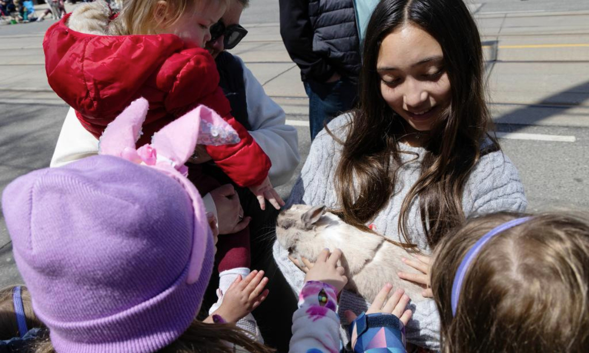 Children pet a rabbit during the 2025 Toronto Beaches Lions Easter Parade in Toronto, Canada, on April 20, 2025. (Photo by Zou Zheng/Xinhua)
