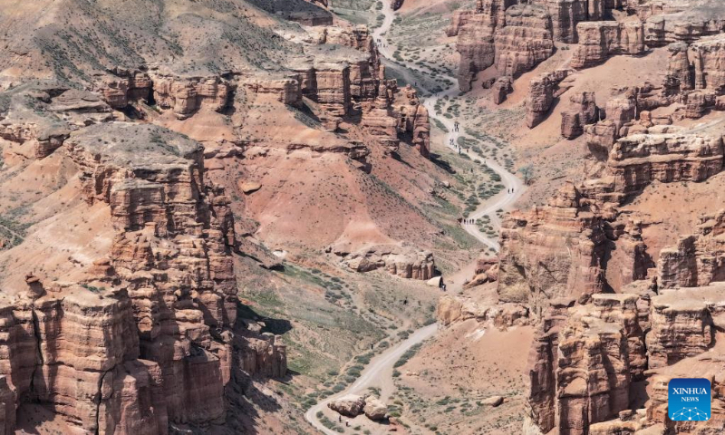 An aerial drone photo taken on May 2, 2025 shows the scenary of the Charyn Canyon in Almaty Region, Kazakhstan. (Xinhua/Li Renzi)