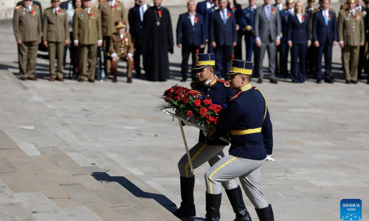 Soldiers attend a ceremony marking War Veterans Day in front of the Military Academy in Bucharest, Romania, April 29, 2025. Photo: Xinhua