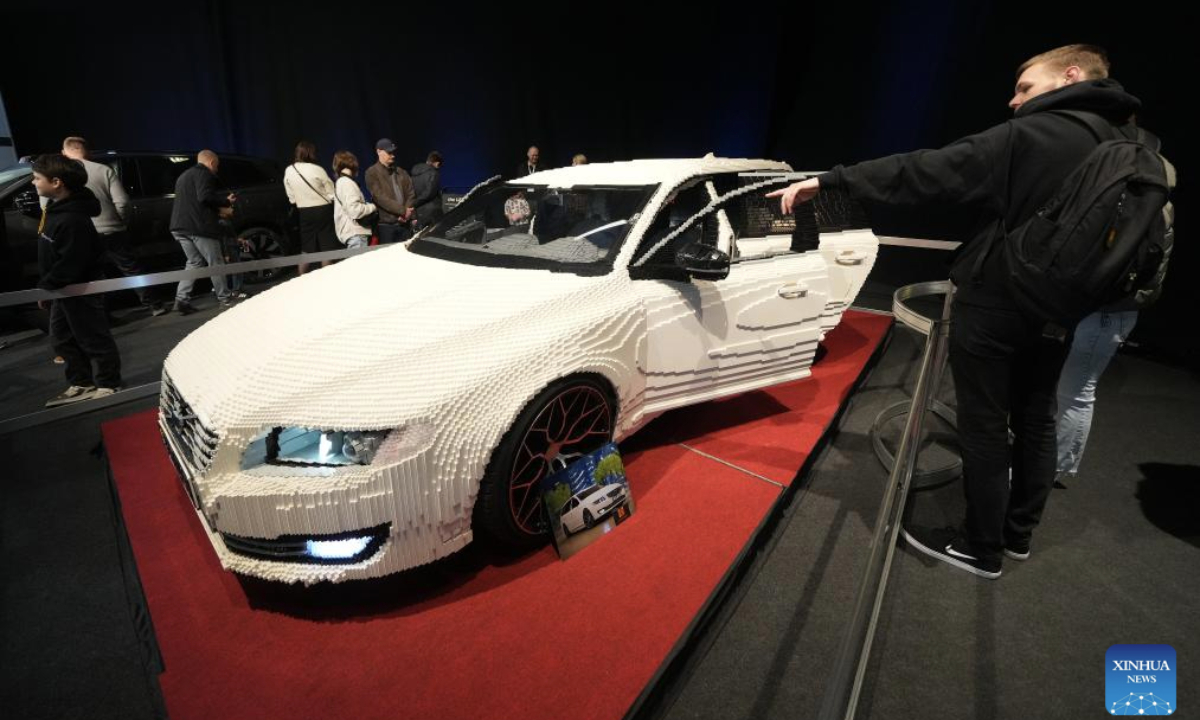 A model Volvo car made of Lego bricks is displayed during the Baltic Motor Show Riga Auto 2025 in Riga, Latvia, April 27, 2025. (Photo by Edijs Palens/Xinhua)
