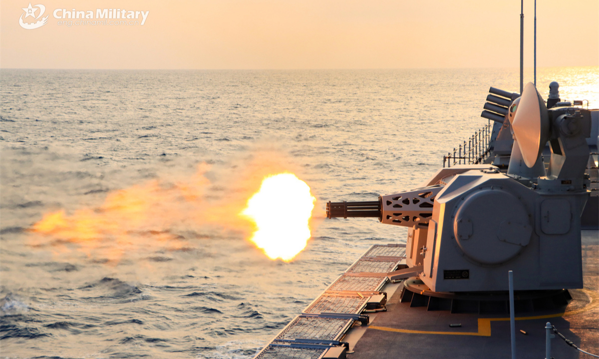 The Type-054A guided-missile frigate Chenzhou (Hull 552) attached to a naval flotilla under the Chinese PLA Southern Theater Command fires its close-in weapon system at simulated maritime targets during a live-fire shooting training exercise on April 13, 2025. (eng.chinamil.com.cn/Photo by Ge Hanqiang)