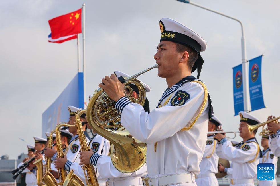 A military band performs national anthems of China and Thailand during a ceremony marking the commencement of the joint naval training between China and Thailand, code-named Blue Strike-2025, in Zhanjiang, south China's Guangdong Province, March 26, 2025. (Photo: Xinhua)