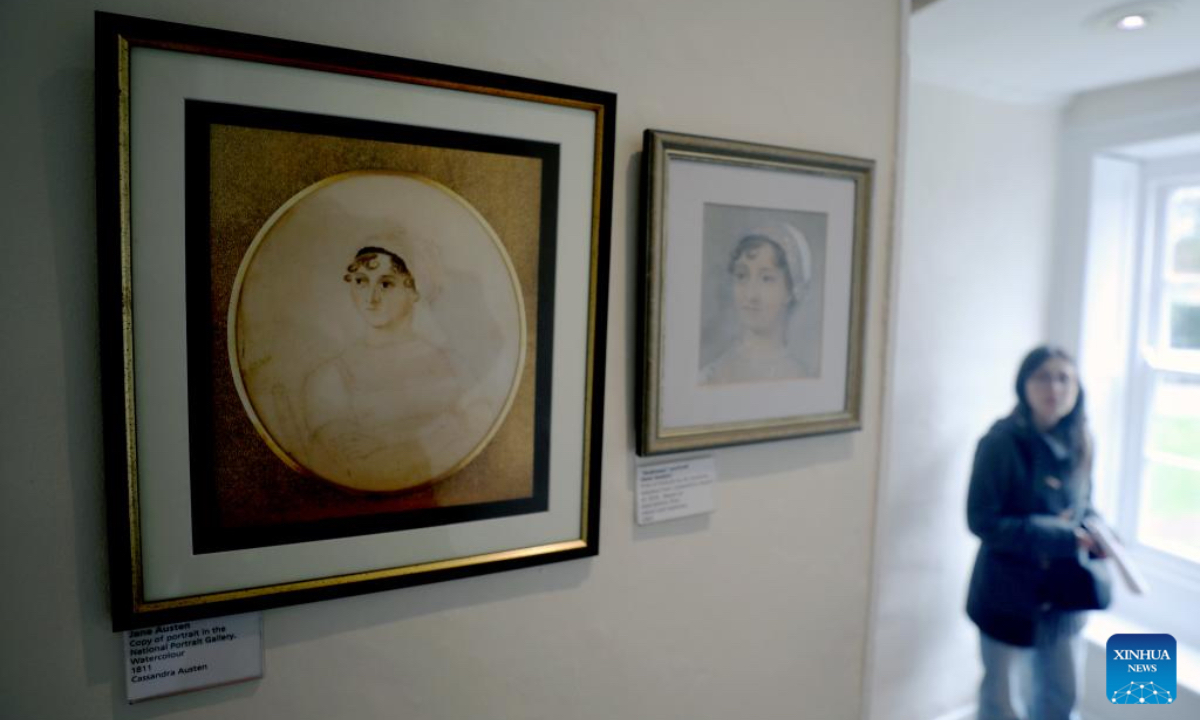 This photo taken on April 18, 2025 shows portraits of Jane Austen at Jane Austen's House in Chawton, Hampshire, Britain. As her final home, English female novelist Jane Austen lived in this cottage in Chawton for the last eight years of her life. Here she wrote, revised and published all six of her globally beloved novels: Sense and Sensibility, Pride and Prejudice, Mansfield Park, Emma, Northanger Abbey and Persuasion. (Xinhua)
