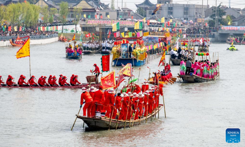 This photo taken on April 4, 2025 shows boats sailing during the Maoshan boat fair in Xinghua City, east China's Jiangsu Province. The annual Maoshan boat fair in Xinghua was held on Friday. The event was listed as a national intangible cultural heritage in 2014. (Photo by Yang Yugang/Xinhua)