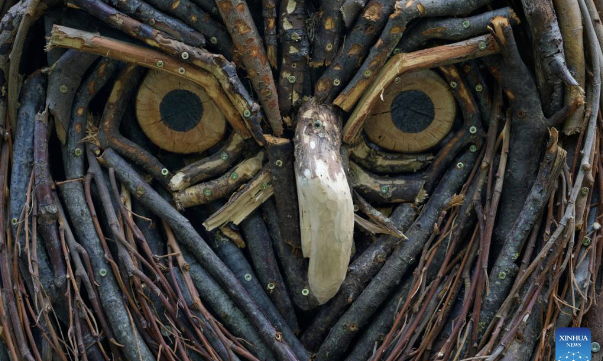 An owl sculpture made of tree branches and other natural materials is seen at Lazienki Park in Warsaw, Poland, on May 6, 2025. The piece is part of a sculpture exhibition by Italian artist Rodolfo Liprandi in commemoration of the 25th anniversary of the founding of World Wildlife Fund Poland Office. (Photo by Jaap Arriens/Xinhua)
