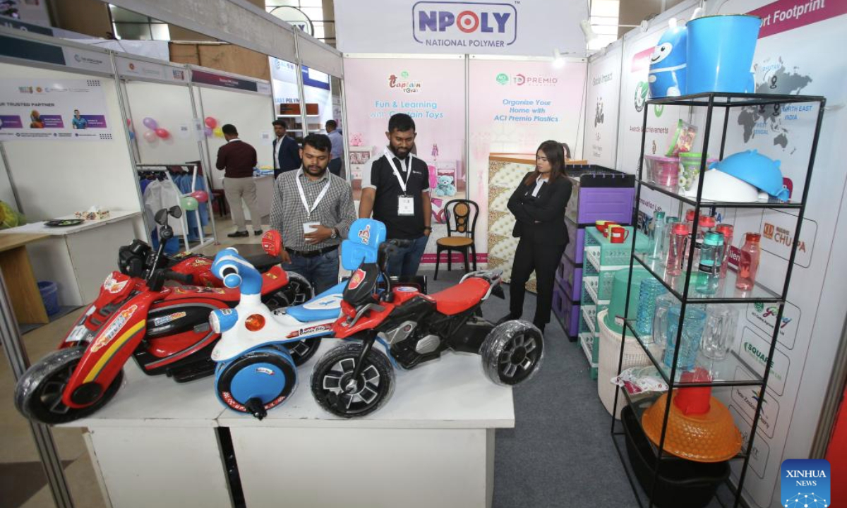 This photo taken on April 24, 2025 shows the Meet Bangladesh Exposition in Dhaka, Bangladesh. The two-day Meet Bangladesh Exposition concluded on Friday with strong interest from international buyers, as several participating manufacturers secured orders during the event, highlighting growing global demand for Bangladeshi products. (Photo by Habibur Rahman/Xinhua)