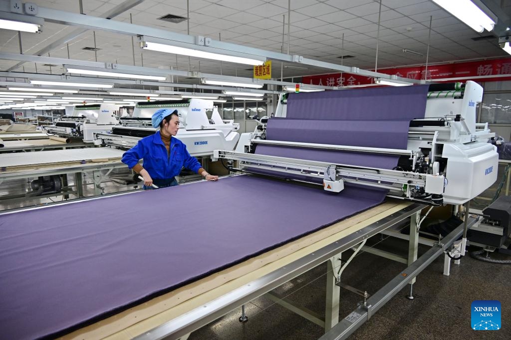 An employee of a garment enterprise uses intelligent fabric laying device in Longshan Street, Jimo District of Qingdao City, east China's Shandong Province, on March 25, 2025. Jimo District of Qingdao City has continuously guided private enterprises to increase R&D and investment in new technologies, new equipment and new processing technology in recent years. (Photo: Xinhua)