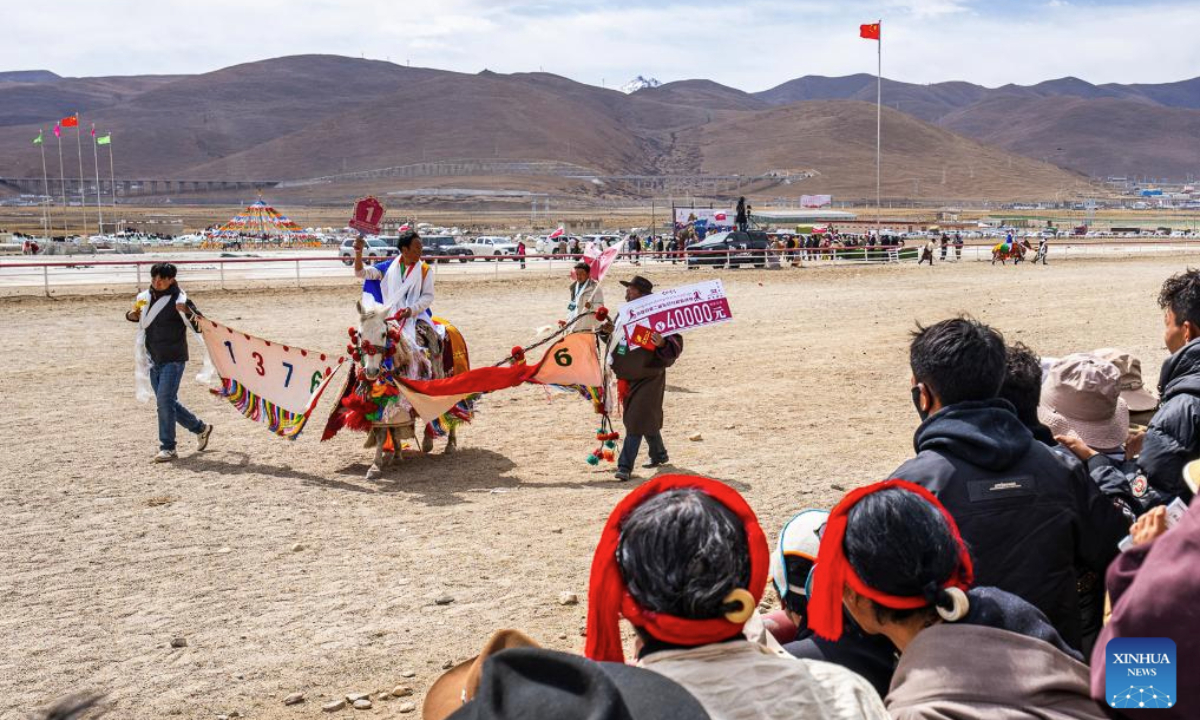 The winner of one of the horse races celebrates in Damxung County, southwest China's Xizang Autonomous Region, April 27, 2025. The event takes place from April 23 to 28 at Damxung County racecourse with the participation of 403 horses, which will take part in 12 competitions including endurance and speed races. (Xinhua/Tenzin Nyida)