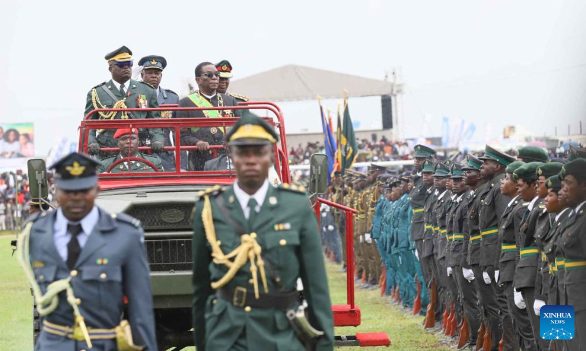 Zimbabwean President Emmerson Mnangagwa is seen in a military vehicle during a military display marking the Independence Day in Gokwe, Midlands Province, Zimbabwe, on April 18, 2025. Zimbabwean President Emmerson Mnangagwa on Friday led the nation in marking the country's 45th independence anniversary in the central province of Midlands, expressing his gratitude for the liberation and post-independence efforts to develop and modernize Zimbabwe. (Xinhua)