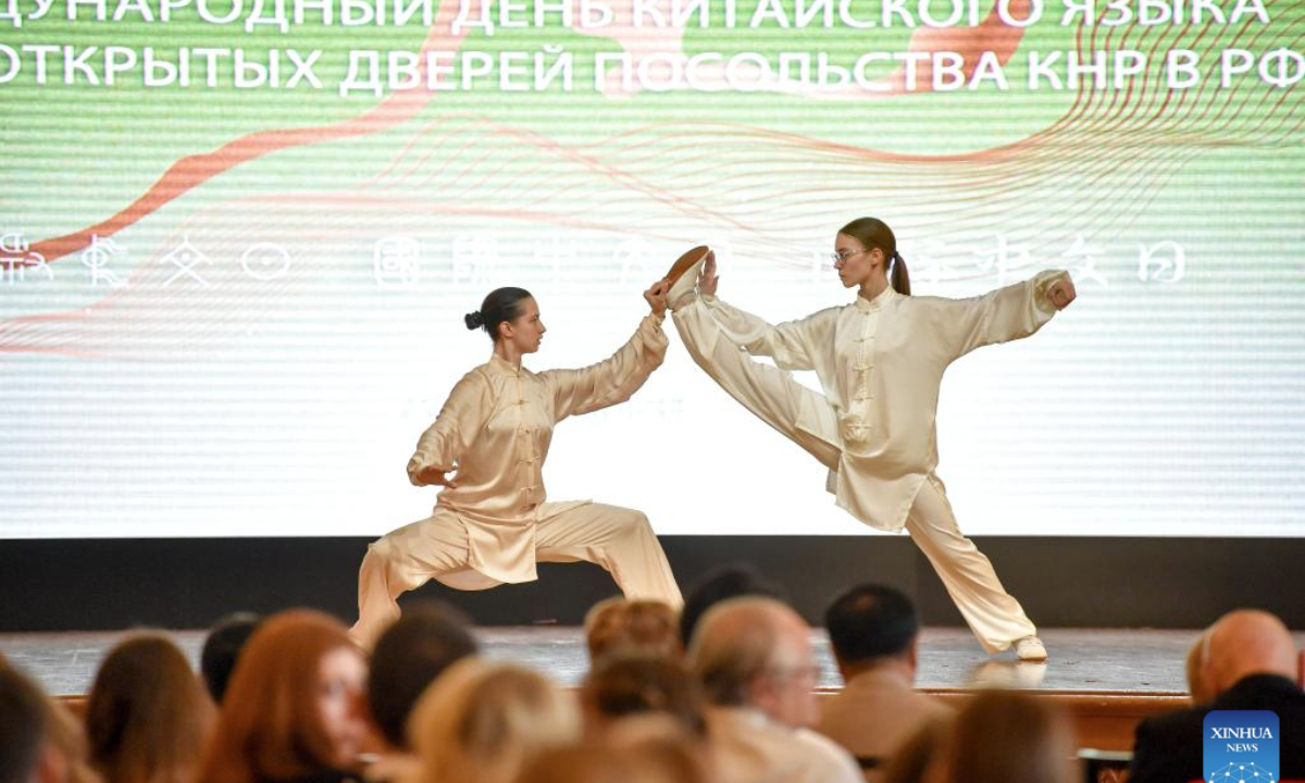 Students perform Chinese martial arts at the 2025 International Chinese Language Day event in Moscow, Russia, April 20, 2025. (Photo by Alexander Zemlianichenko Jr/Xinhua)