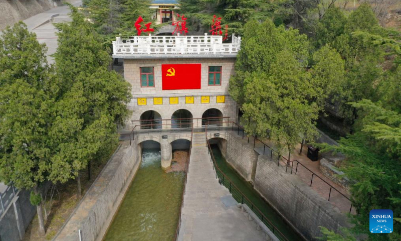 An aerial drone photo taken on March 25, 2025 shows a diversion sluice of the Hongqi Canal in Linzhou City, central China's Henan Province. The Hongqi Canal, an irrigation project built on the steep Taihang Mountains, is dubbed the 