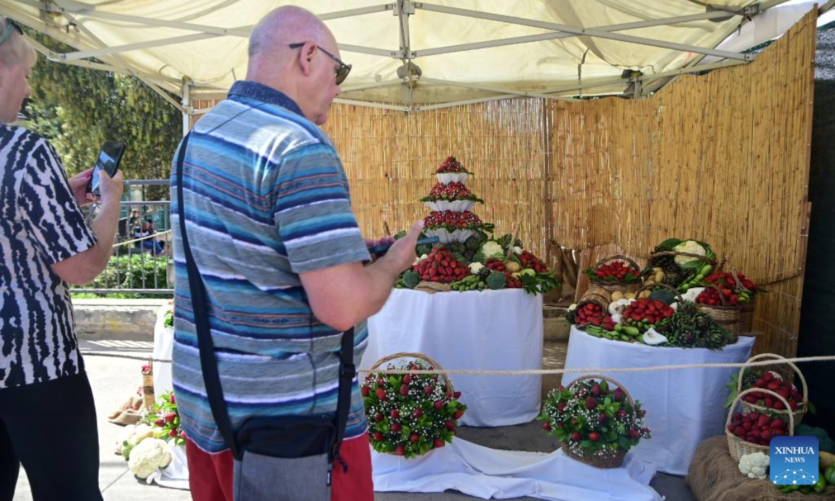 Visitors view decorations with strawberries during the strawberry festival in Mgarr, Malta, April 27, 2025. Malta held its annual strawberry festival in Mgarr, a picturesque agricultural village in north Malta on Sunday. (Photo by Jonathan Borg/Xinhua)