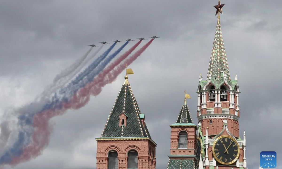 Aircraft fly in formation over Red Square during a rehearsal for the Victory Day military parade, which marks the 80th anniversary of the Victory in the Great Patriotic War, in Moscow, Russia, May 5, 2025. (Xinhua/Ding Haitao)