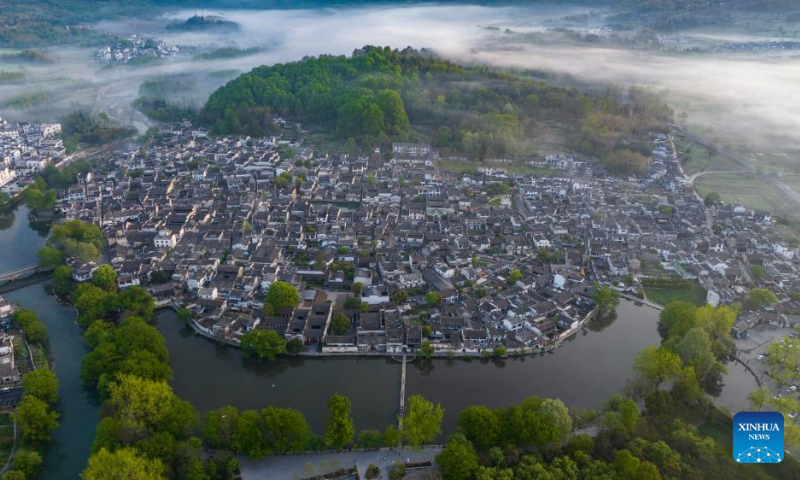 An aerial drone photo taken on April 18, 2025 shows the scenery in Hongcun Village of Yixian County, Huangshan City, east China's Anhui Province. (Photo by Fan Chengzhu/Xinhua)
