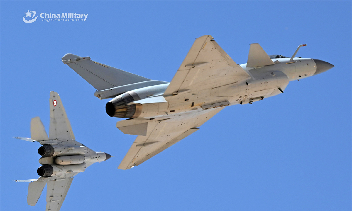 A J-10C fighter jet attached to the Chinese People's Liberation Army (PLA) Air Force and an Egyptian MiG-29 fighter jet fly in formation during the China-Egypt Eagles of Civilization 2025 joint air force training on April 19, 2025. (eng.chinamil.com.cn/Photo by Yu Hongchun)