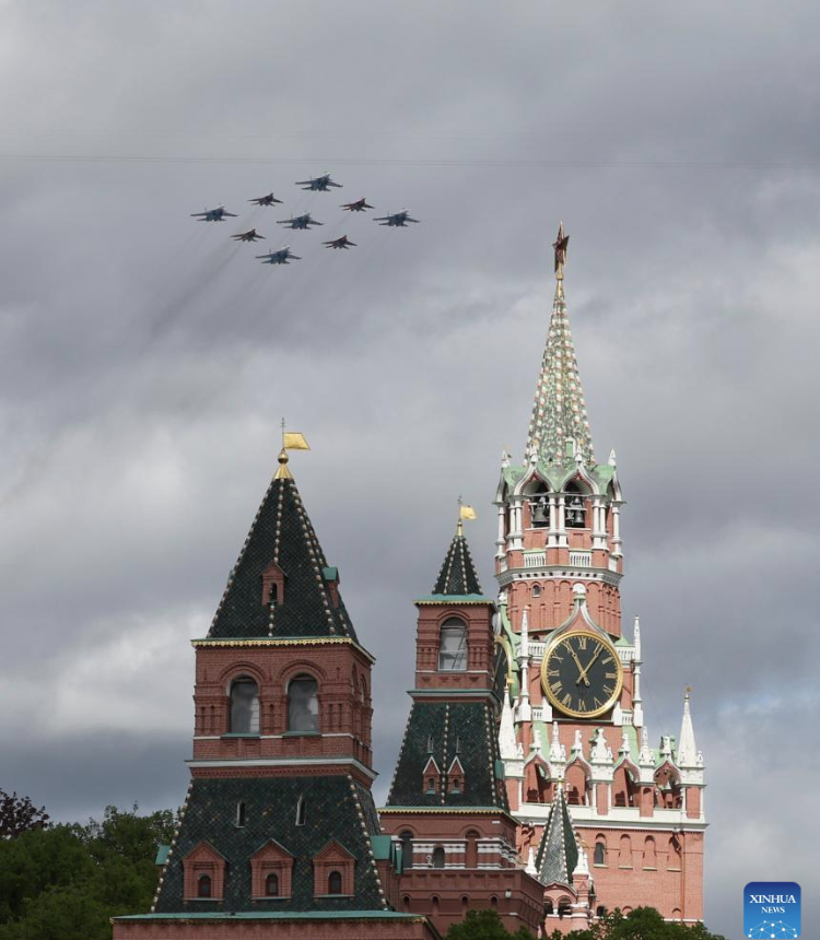 Aircraft fly in formation over Red Square during a rehearsal for the Victory Day military parade, which marks the 80th anniversary of the Victory in the Great Patriotic War, in Moscow, Russia, May 5, 2025. (Xinhua/Ding Haitao)