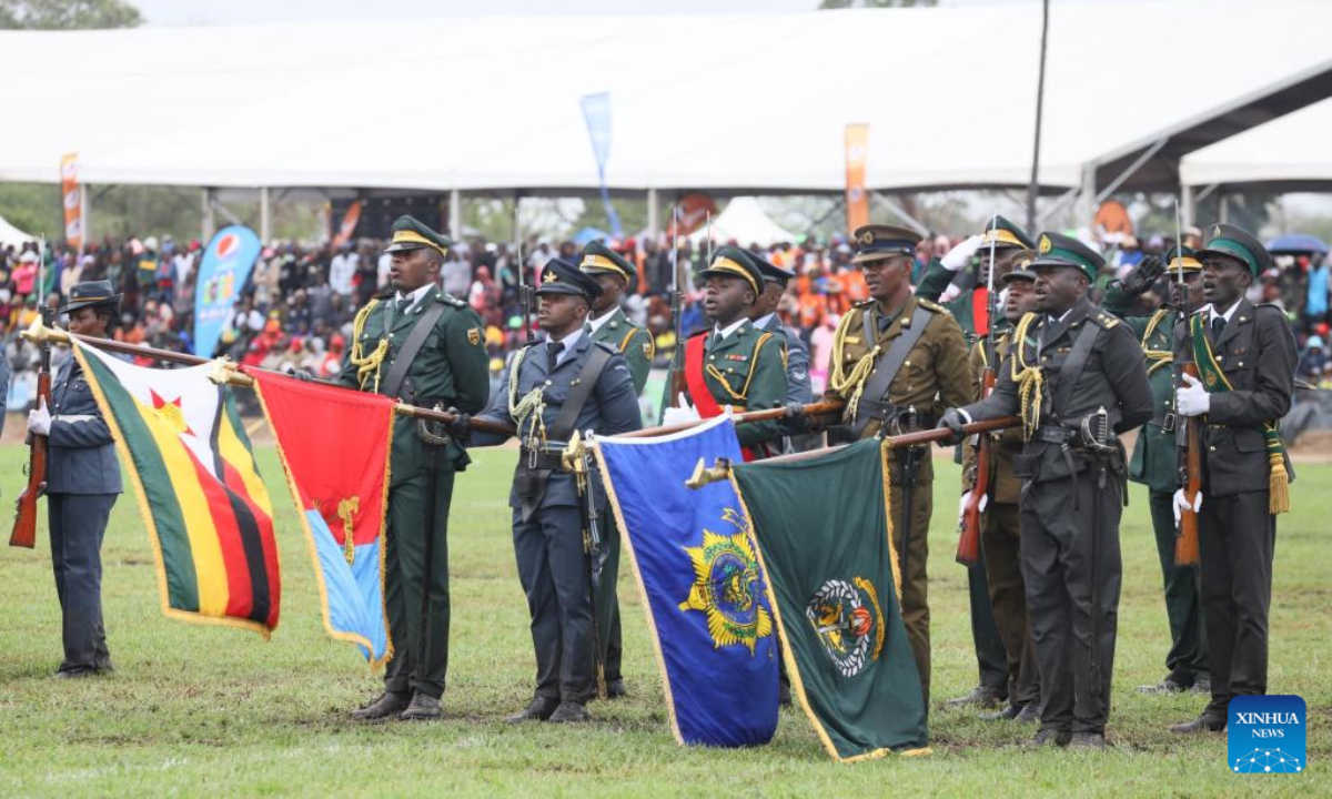 Zimbabwean soldiers participate in a military display marking the Independence Day in Gokwe, Midlands Province, Zimbabwe, on April 18, 2025. Zimbabwean President Emmerson Mnangagwa on Friday led the nation in marking the country's 45th independence anniversary in the central province of Midlands, expressing his gratitude for the liberation and post-independence efforts to develop and modernize Zimbabwe. (Xinhua)