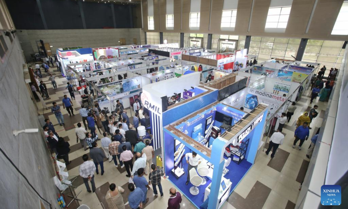 This photo taken on April 24, 2025 shows the Meet Bangladesh Exposition in Dhaka, Bangladesh. The two-day Meet Bangladesh Exposition concluded on Friday with strong interest from international buyers, as several participating manufacturers secured orders during the event, highlighting growing global demand for Bangladeshi products. (Photo by Habibur Rahman/Xinhua)