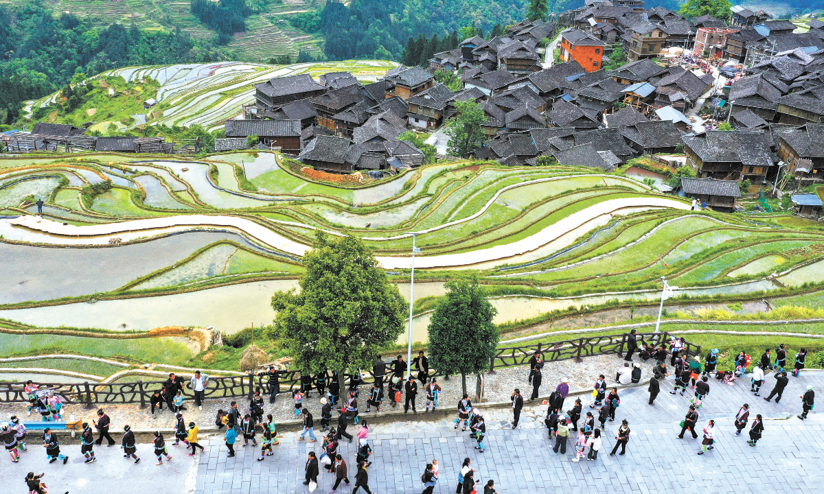 Tourists visit Jiabang terrace fields in Congjiang county, Southwest China’s Guizhou Province on April 26, 2025. Photo: VCG
