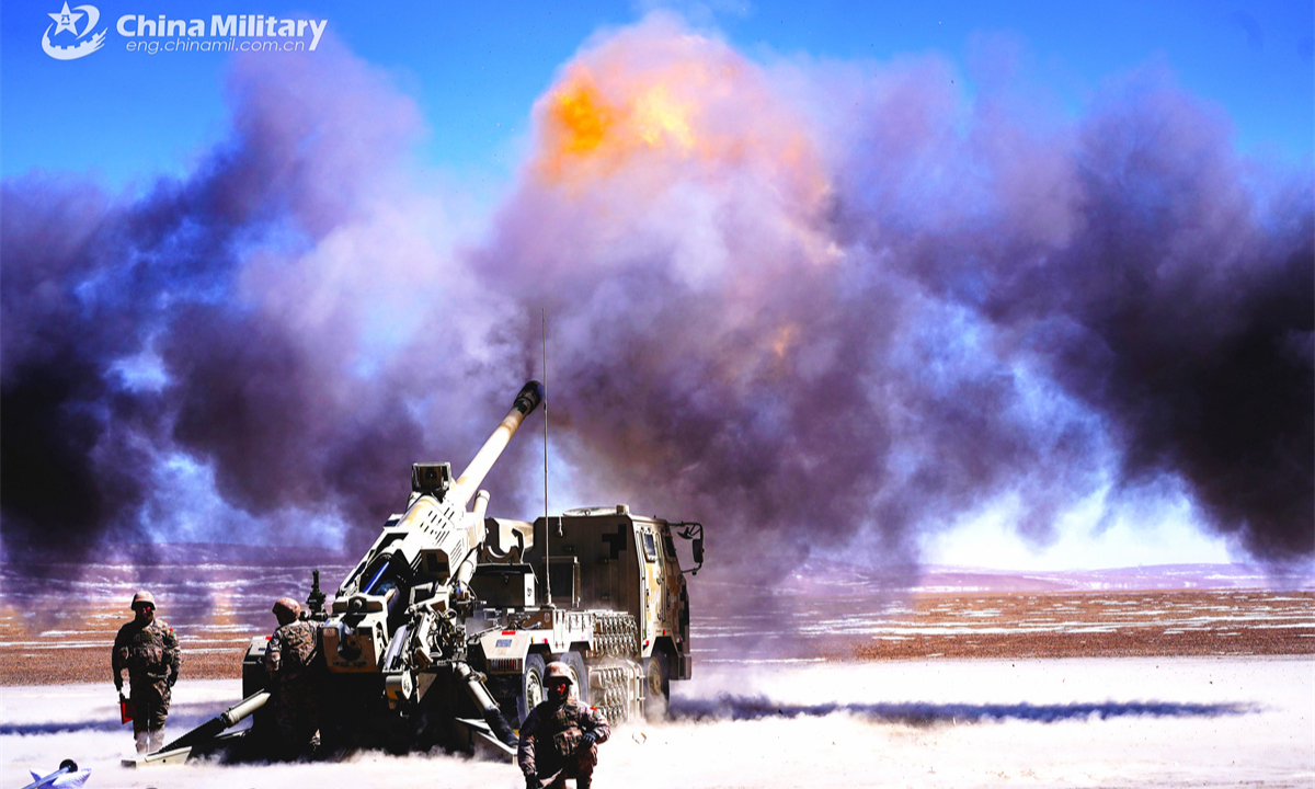 A PCL-181 wheeled self-propelled howitzer attached to a regiment under the Chinese PLA Army spits fire during a live-fire shooting training exercise on April 7, 2025. (Photo：eng.chinamil.com.cn)