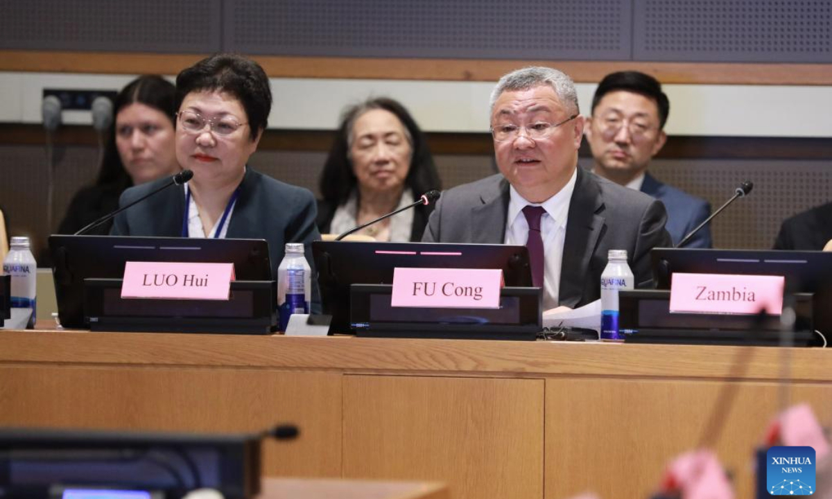 Fu Cong (R, front), China's permanent representative to the United Nations, speaks at a side event of the Group of Friends for International Cooperation on AI Capacity-Building at the UN headquarters in New York, May 6, 2025. China will support the central role of the United Nations in promoting global artificial intelligence (AI) governance, a Chinese envoy said on Tuesday. AI, as a strategic technology leading the new round of scientific and technological revolution and industrial transformation, is profoundly reshaping people's work and life, said Fu Cong, China's permanent representative to the United Nations, at a side event of the Group of Friends for International Cooperation on AI Capacity-Building. (Xinhua/Xie E)
