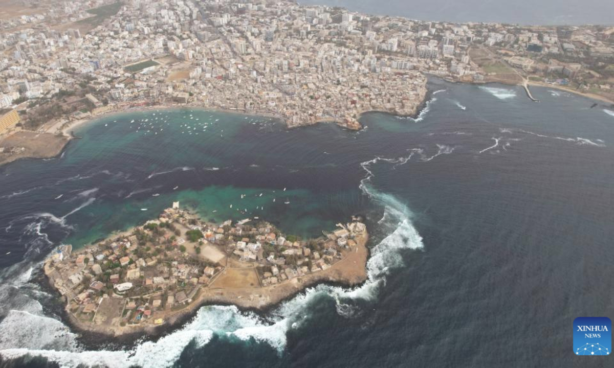 An aerial drone photo taken on May 4, 2025 shows Ngor Island in Dakar, the capital of Senegal. The Ngor Island is a popular destination for water sports, recreational fishing, and birdwatching. (Xinhua/Si Yuan)