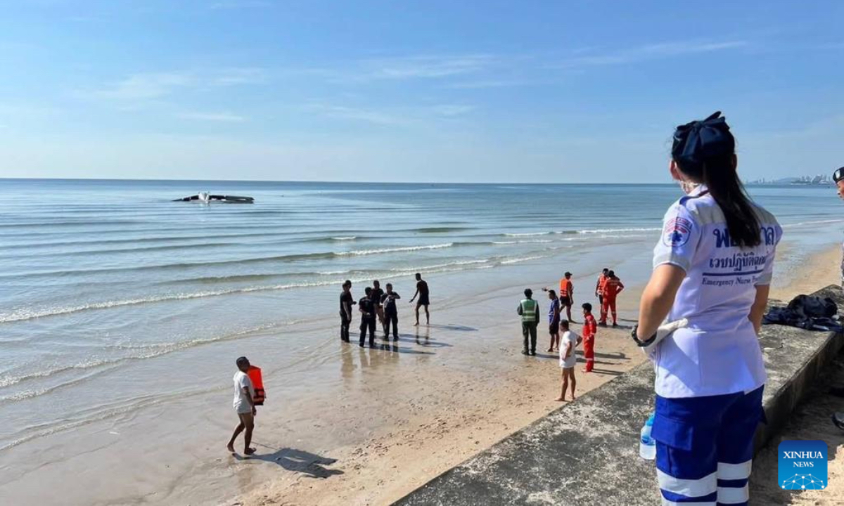 A police plane is seen crashing into the sea off Cha-am District, Phetchaburi Province, Thailand, April 25, 2025. The plane crashed near the shore of Thailand's resort town of Hua Hin on Friday morning, killing six people, the Thai police said. The police said the accident took place when the plane was conducting a test flight for parachute training. (Xinhua)