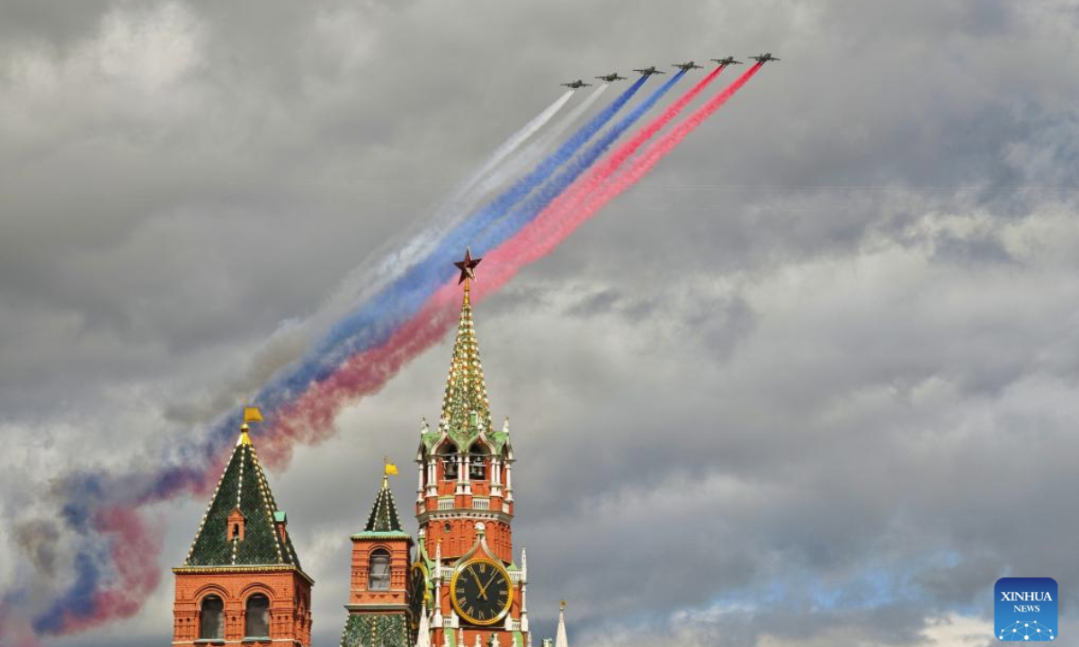 Aircraft fly in formation over Red Square during a rehearsal for the Victory Day military parade, which marks the 80th anniversary of the Victory in the Great Patriotic War, in Moscow, Russia, May 5, 2025. (Xinhua/Ding Haitao)
