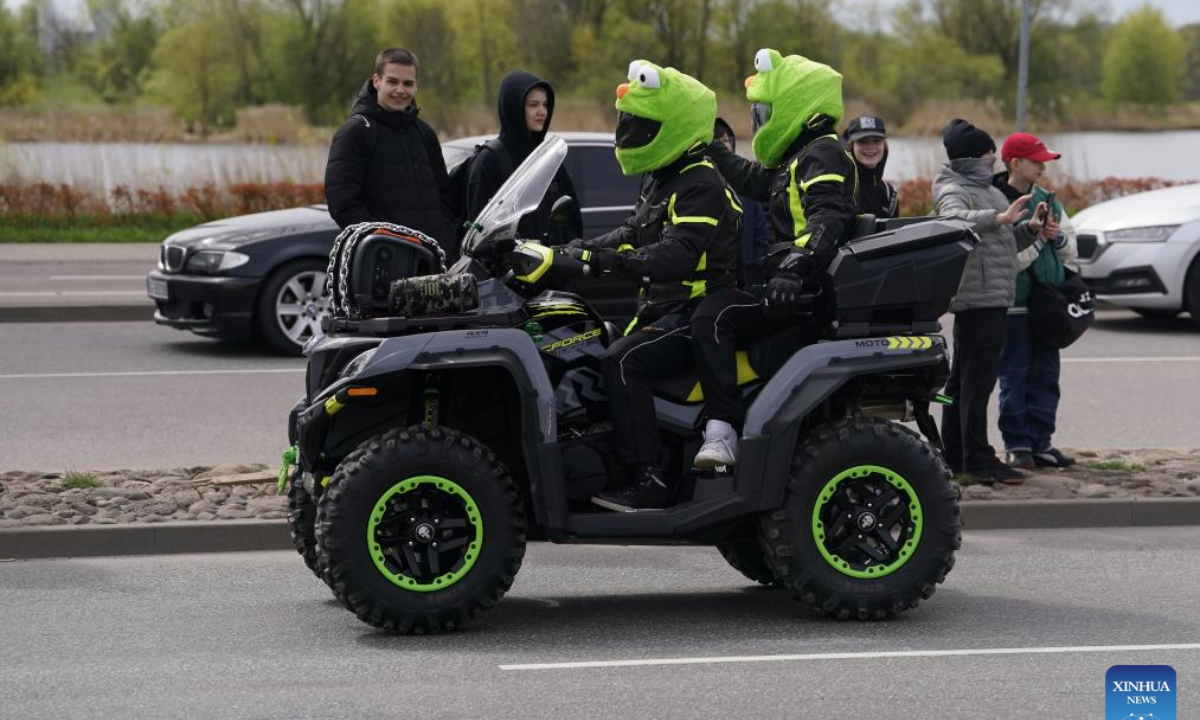 Motorcyclists participate in a motorcycle parade in Riga, Latvia, April 26, 2025. (Photo by Edijs Palens/Xinhua)