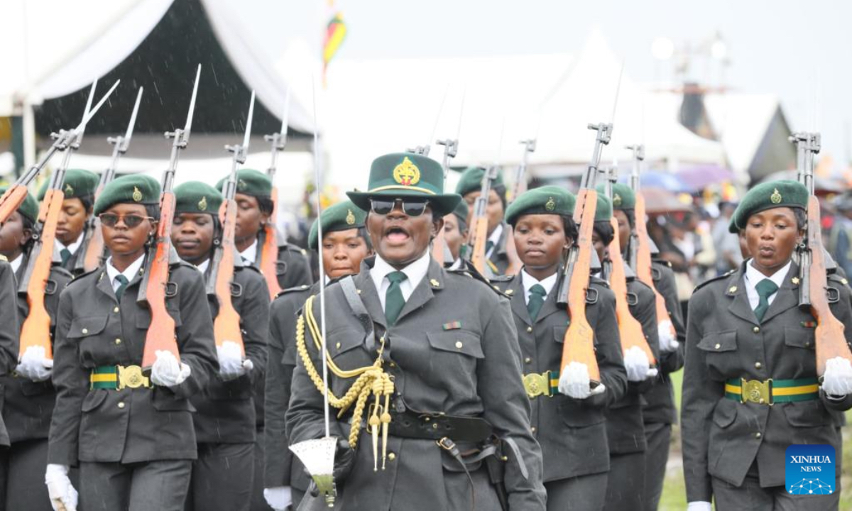 Zimbabwean soldiers march during a military display marking the Independence Day in Gokwe, Midlands Province, Zimbabwe, on April 18, 2025. Zimbabwean President Emmerson Mnangagwa on Friday led the nation in marking the country's 45th independence anniversary in the central province of Midlands, expressing his gratitude for the liberation and post-independence efforts to develop and modernize Zimbabwe. (Xinhua)