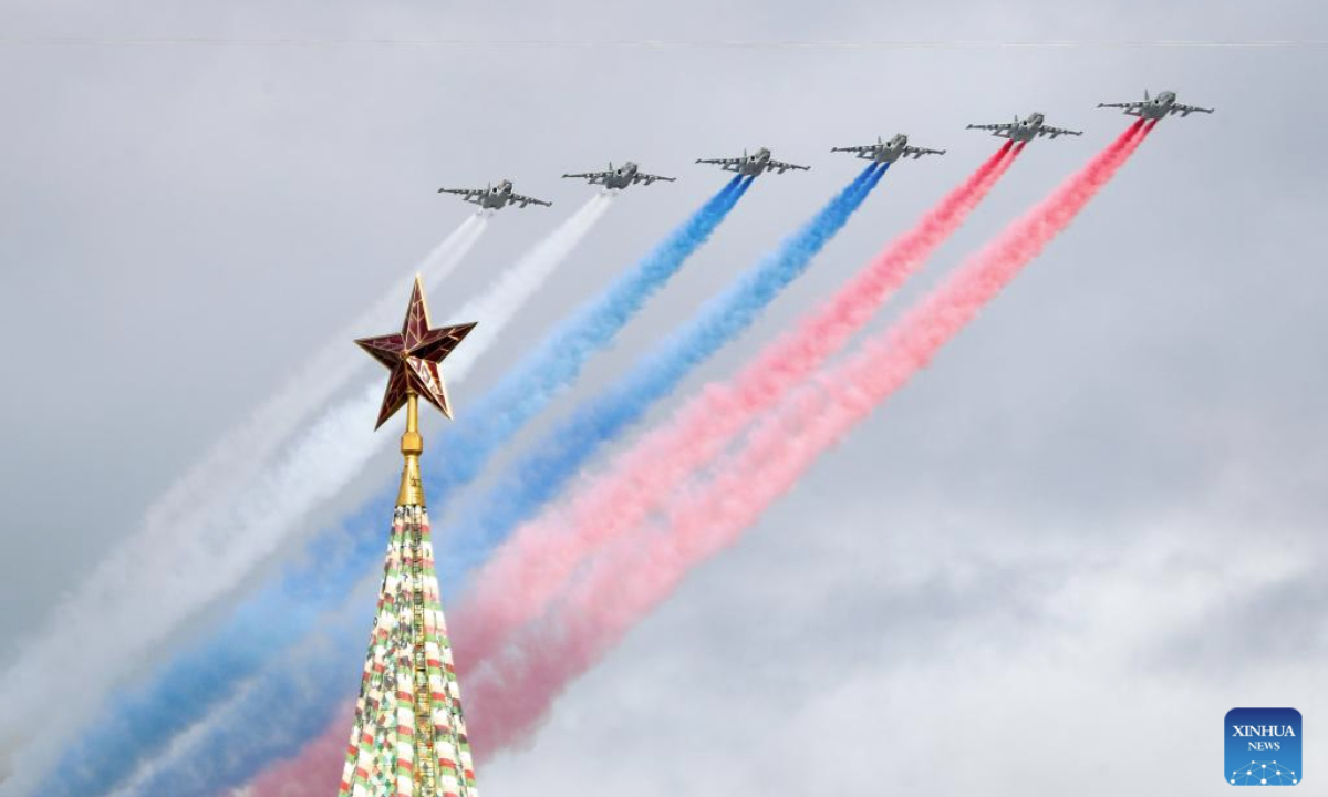 Aircraft fly in formation over Red Square during a rehearsal for the Victory Day military parade, which marks the 80th anniversary of the Victory in the Great Patriotic War, in Moscow, Russia, May 5, 2025. (Photo by Alexander Zemlianichenko Jr/Xinhua)