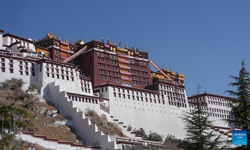 The newly decorated Potala Palace is pictured in Lhasa, southwest China's Xizang Autonomous Region, Feb. 28, 2025. Southwest China's Xizang Autonomous Region on Friday welcomed the first day of the Tibetan New Year with a flurry of festive foods, holiday greetings and traditional customs. (Xinhua/Jigme Dorje)