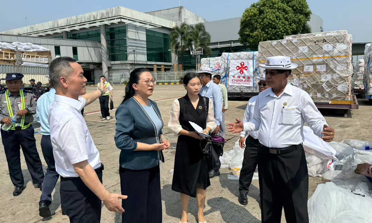 Chinese Ambassador to Myanmar Ma Jia (second from left) at Yangon International Airport on March 31, 2025. Photo: Xie Jiajun