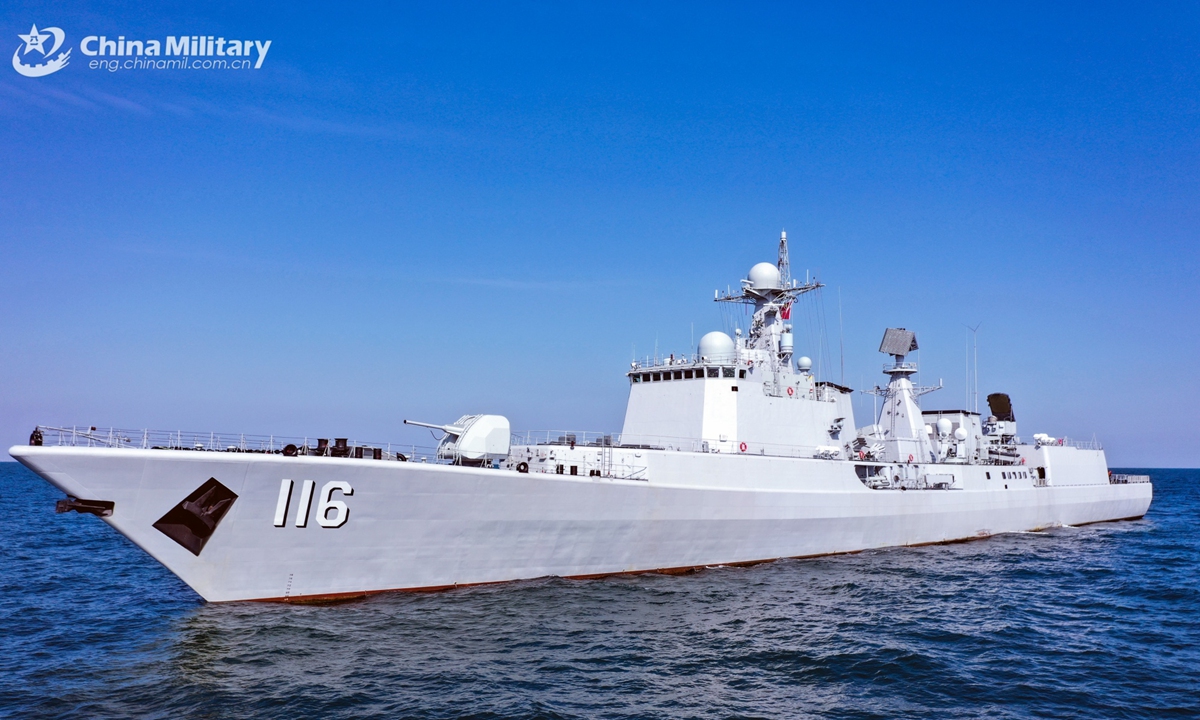 The Type 051C guided-missile destroyer Shijiazhuang (Hull 116) attached to a flotilla of the Chinese PLA Navy sails on the sea during a combat training exercise in late February, 2025 (eng.chinamil.com.cn/Photo)
