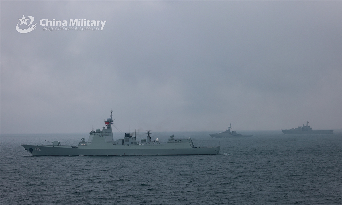 Chinese and Thai participating naval vessels steam in formation in waters of the South China Sea on March 28, 2025. China-Thailand Blue Strike 2025 joint naval training was held in south China's Guangdong Province from March 26 to April 2, 2025. During the joint training, both sides' participating troops conducted joint underwater mine countermeasure operation, anti-ship strike, maritime search and rescue, and field survival operation, as well as other training subjects both in the sea and land domains. (eng.chinamil.com.cn/Photo)