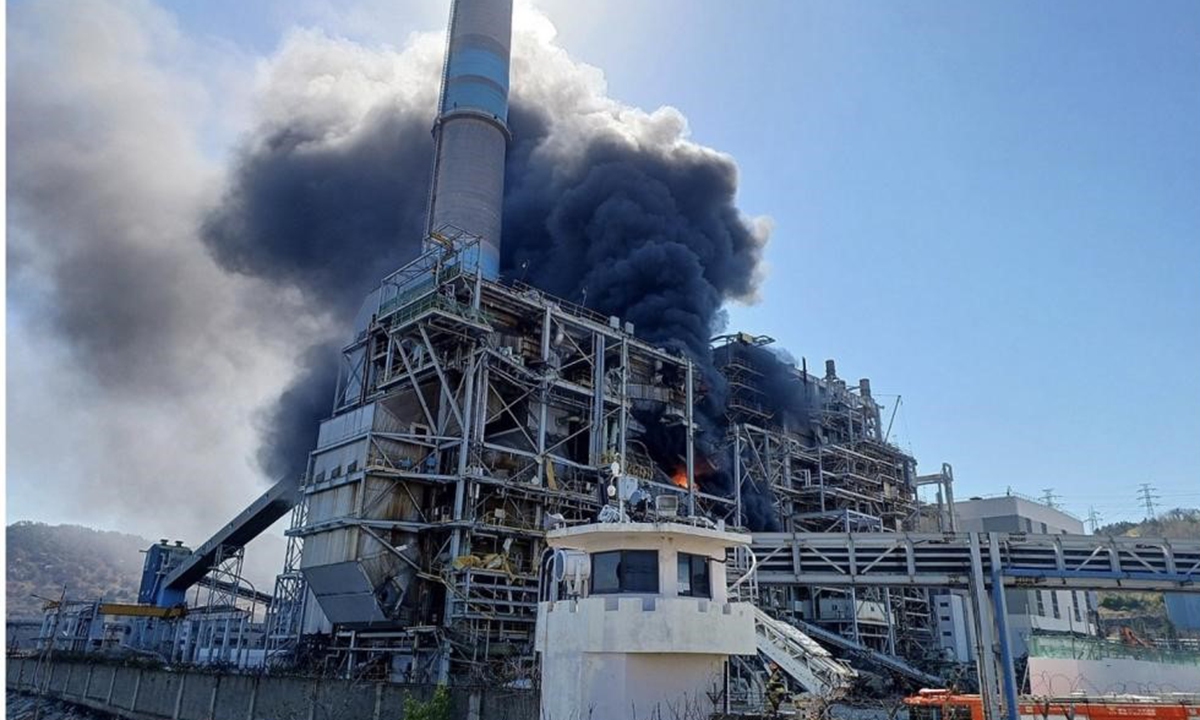 Caption: This photo, provided by the National Fire Agency of the South Korea, shows a thermal power plant on fire in the southern coastal city of Yeosu on April 7, 2025. (Yonhap)