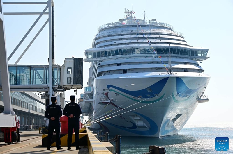 The Adora Magic City berths at the Qingdao International Cruise Terminal in Qingdao, east China's Shandong Province, April 6, 2025. As China's first domestically built large cruise ship, Adora Magic City embarked on its commercial maiden voyage on Jan. 1, 2024. This time, the cruise ship made its debut in Qingdao, which is its first appearance in a Chinese port city other than its home port in Shanghai, and will depart for Jeju of South Korea and Fukuoka of Japan. Photo: Xinhua