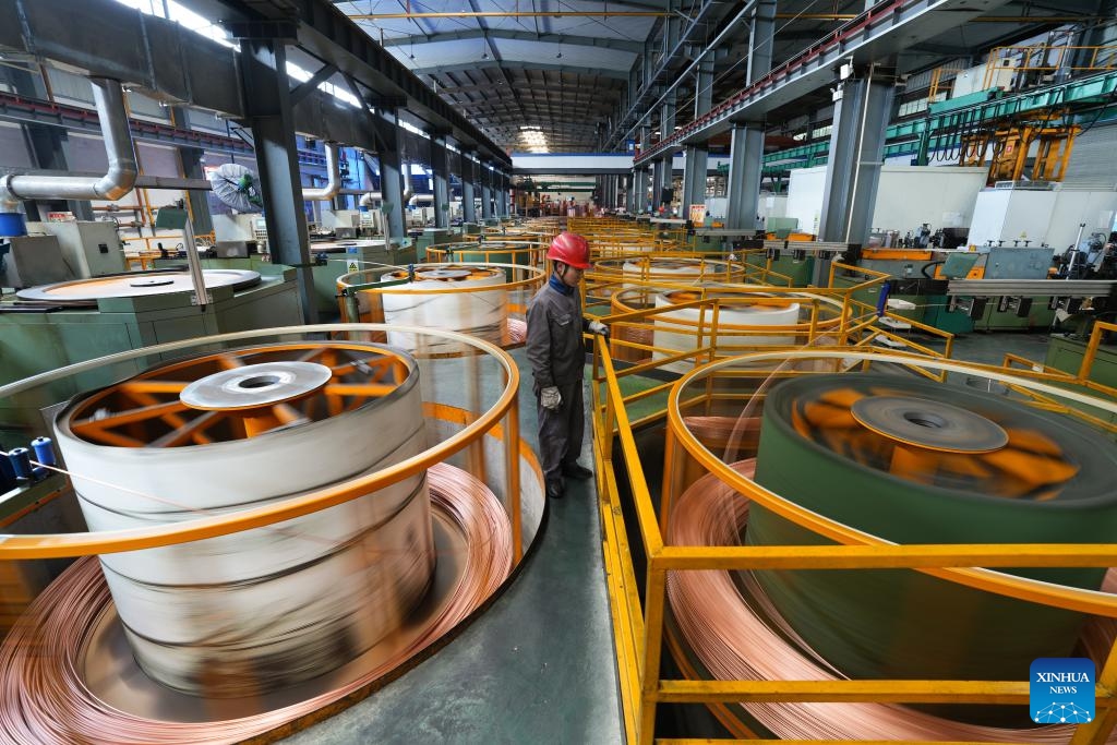 A worker checks a roll of copper pipe at Zhejiang Hailiang Limited in Diankou Town of Zhuji, east China's Zhejiang Province, April 7, 2025. Zhuji has made continuous efforts in promoting the quality development of its private sector in recent years. Home to many state-level high-tech enterprises, the city's value-added industrial output of enterprises above the designated size has maintained growth for 47 consecutive months.   (Xinhua/Zheng Huansong)